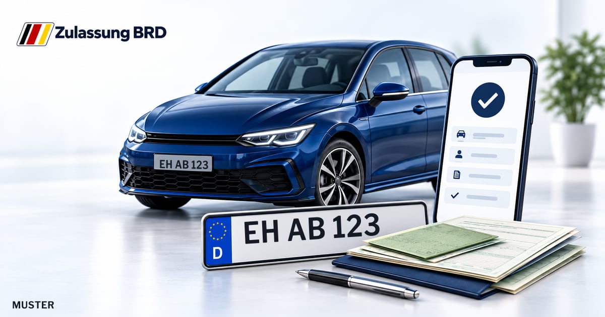 Online Fahrzeugzulassung in Erkner: Musterkennzeichen EH AB 123, Auto und Fahrzeugpapiere und Smartphone. Illustration mit Logo von Zulassung BRD.